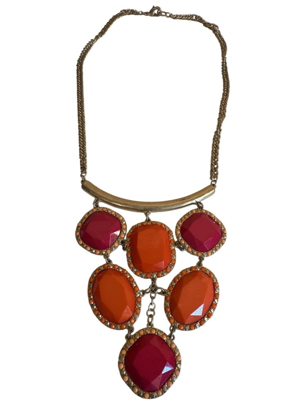 Bold Statement Bib Necklace Orange & Red Faceted Stones Gold Chain Studded
